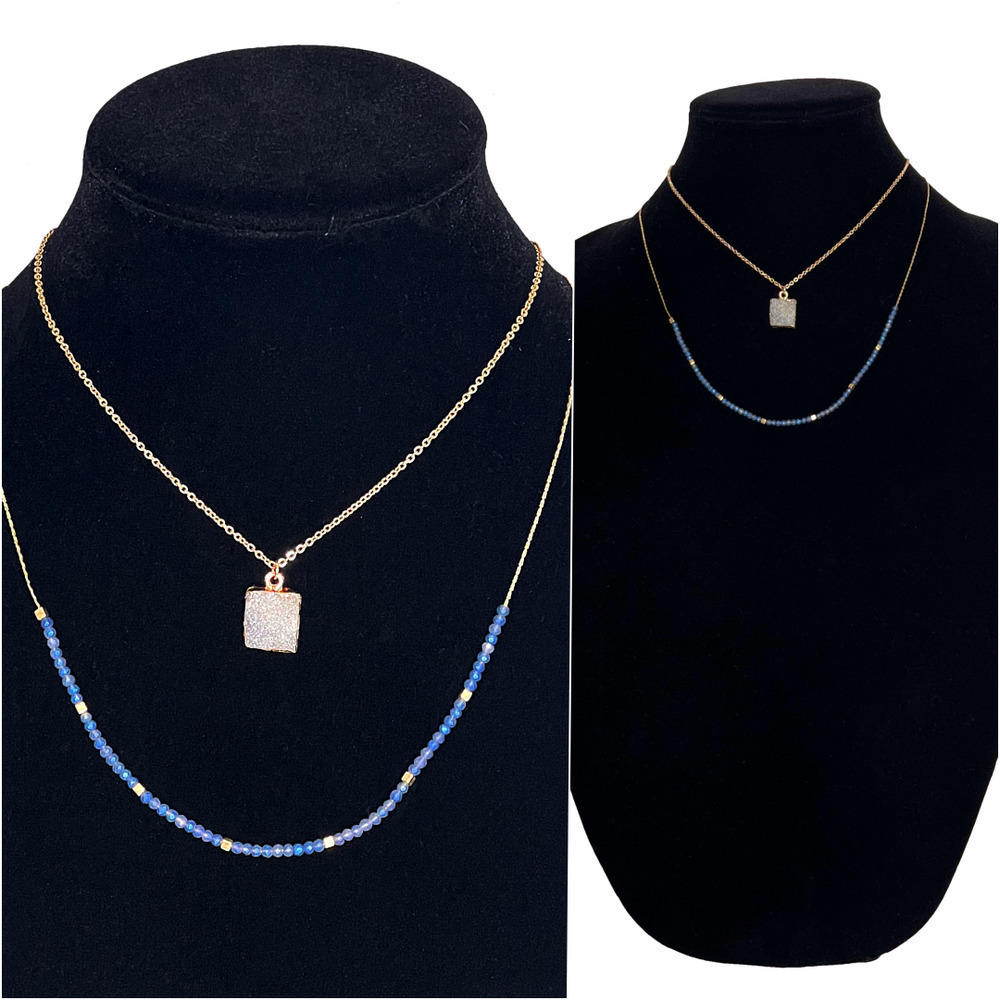 Nordstrom Everyday Chic Layered Gold Necklace Druzy Stone Pendant Blue Beads